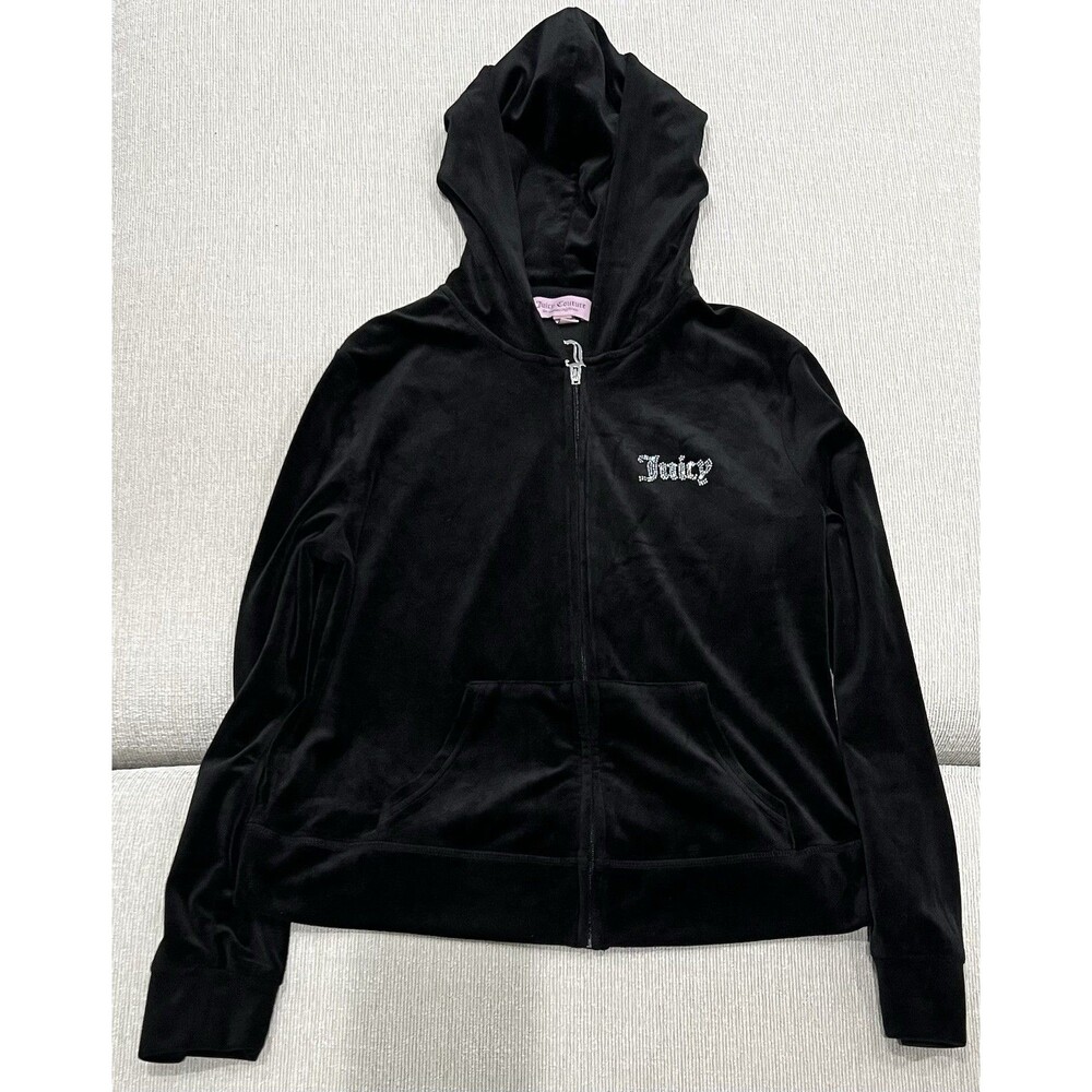 juicy couture jacket Hoodie Womens L Black  Velvet Velour Blingy Full Zip Y2K